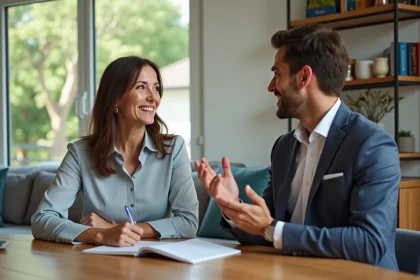 Femme et jeune homme discutent &agrave; la maison