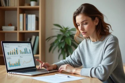 Copropriétaire consultant son compte de copropriété en ligne sur un ordinateur portable depuis son bureau à domicile