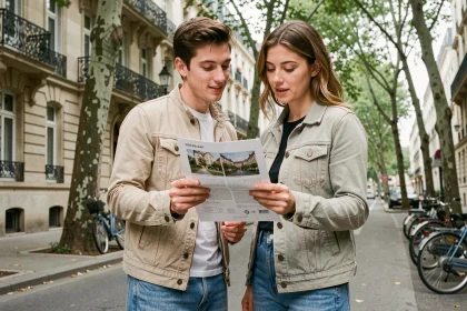 Jeune couple examinant une annonce immobilière dans une rue résidentielle de banlieue parisienne avec façades haussmanniennes