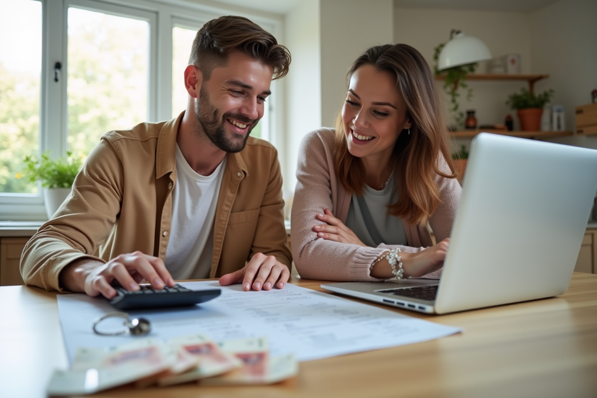 Couple souriant à la cuisine avec documents et clés de maison