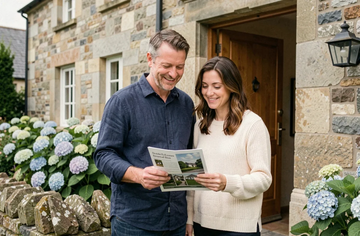 Couple découvrant une maison en pierre rénovée en Bretagne avec jardin fleuri d'hortensias et muret en granit