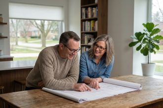 Couple d'adultes regardant des plans dans une cuisine moderne