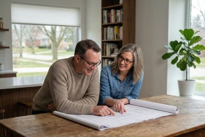 Couple d'adultes regardant des plans dans une cuisine moderne