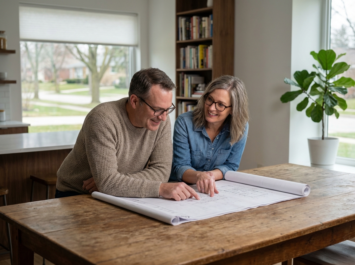Couple d'adultes regardant des plans dans une cuisine moderne