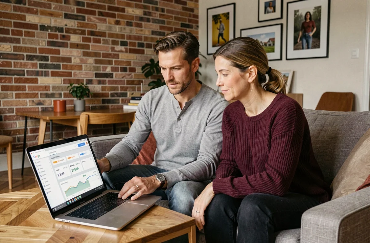 Couple consultant un logiciel d'estimation immobilière sur ordinateur pour évaluer la valeur de leur appartement