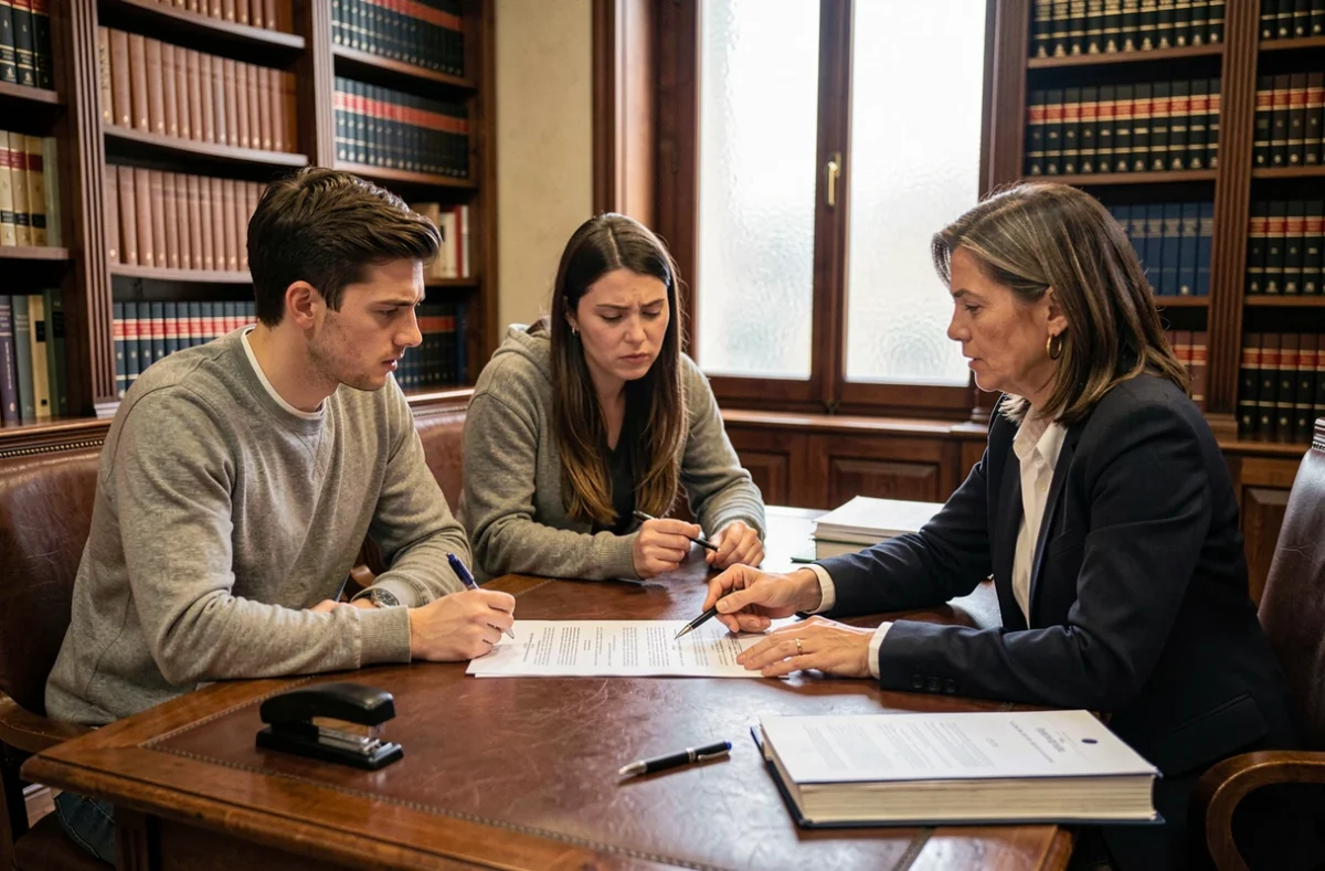 Couple de locataires consultant une avocate spécialisée en droit immobilier dans un cabinet notarial pour comprendre leurs droits au titre de l'article 15 de la loi du 6 juillet 1989