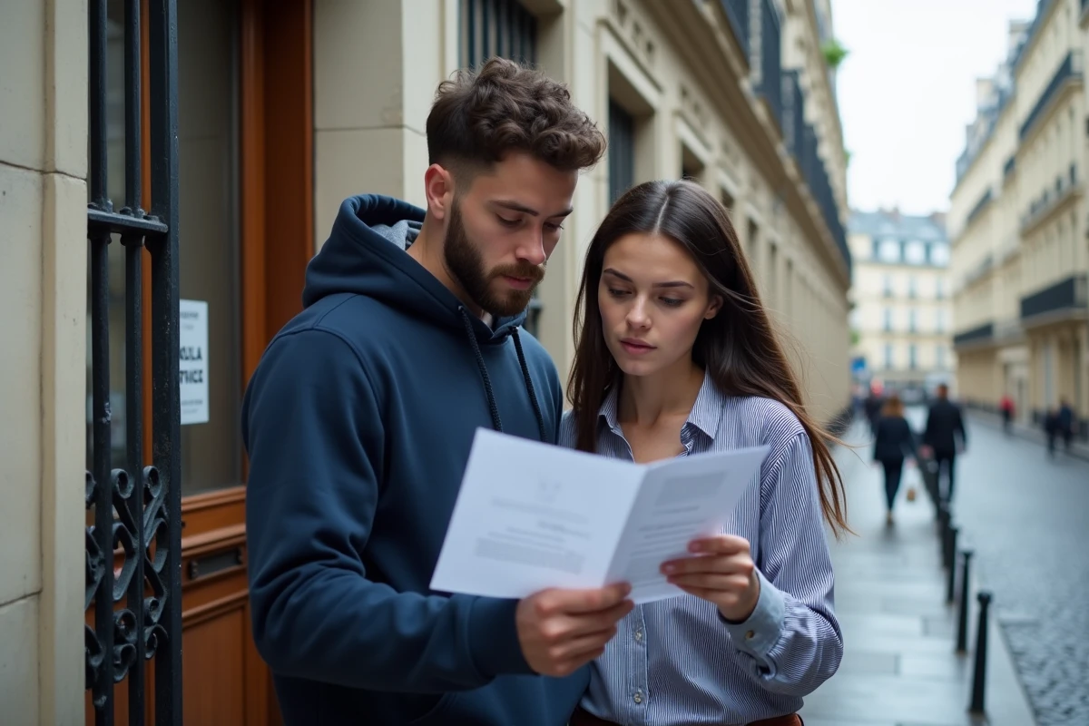 Jeune couple étudiant un dossier de demande de logement social devant un immeuble haussmannien parisien