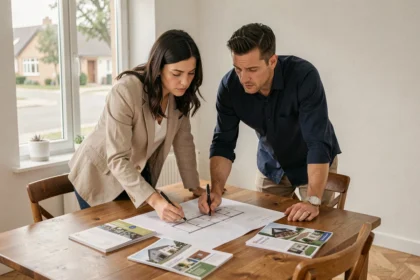 Couple en train d'examiner des plans immobiliers d'un promoteur comme Maisons Pierre dans leur maison
