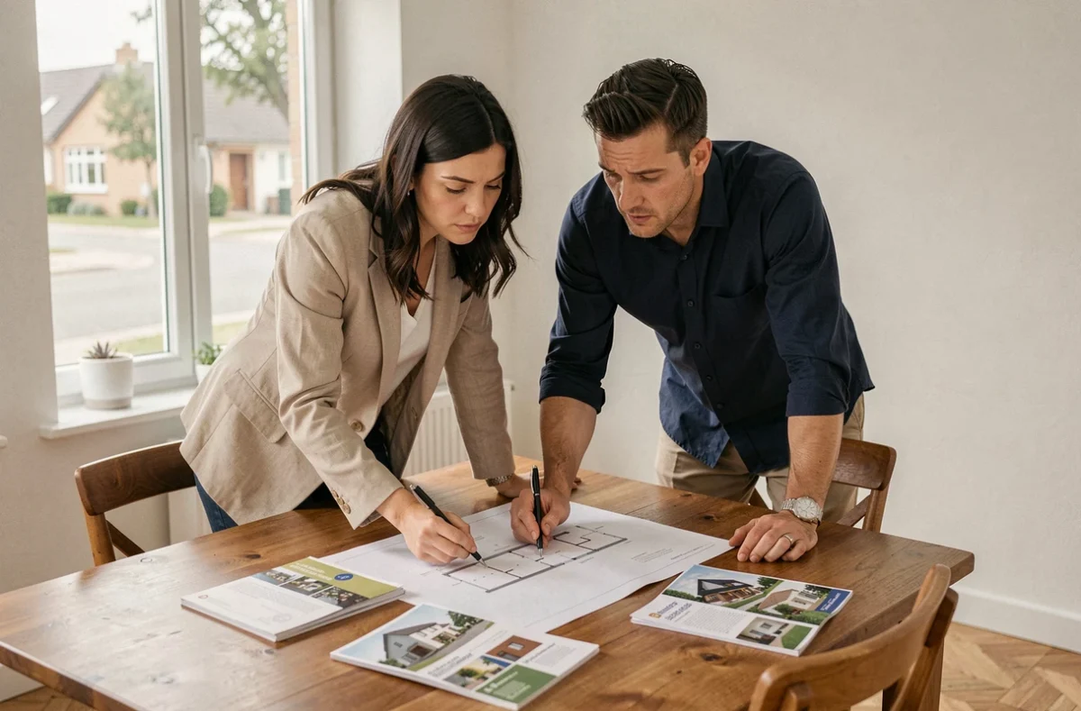 Couple en train d'examiner des plans immobiliers d'un promoteur comme Maisons Pierre dans leur maison