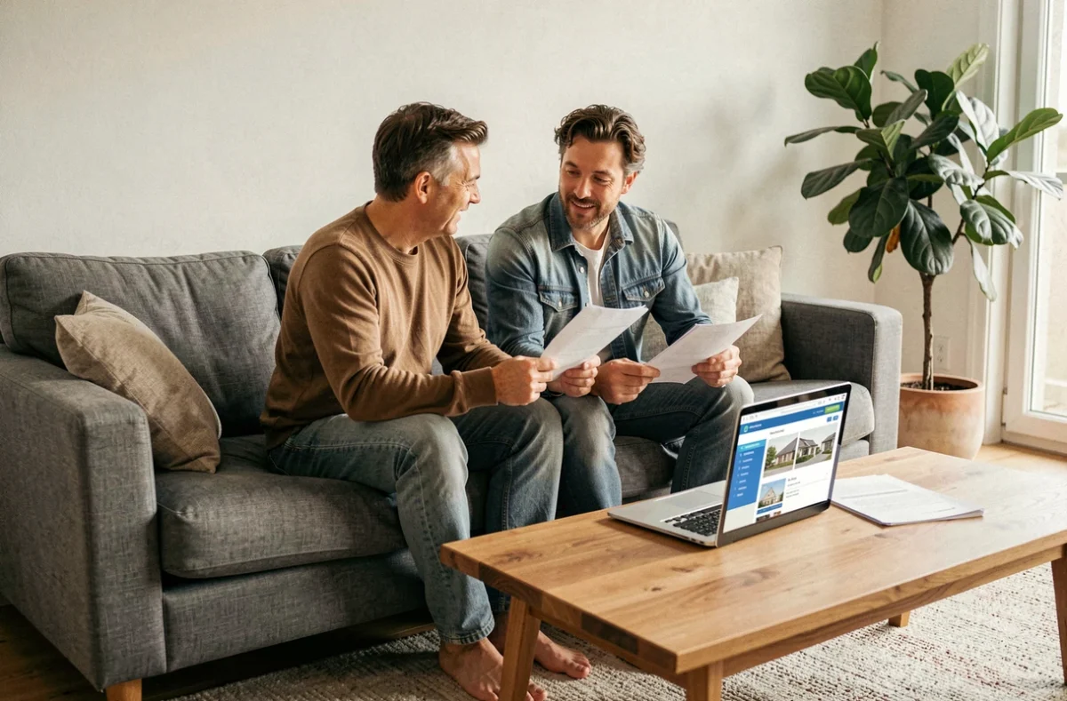 Couple gérant ensemble les charges de leur copropriété sur ordinateur portable via le portail MyFoncia