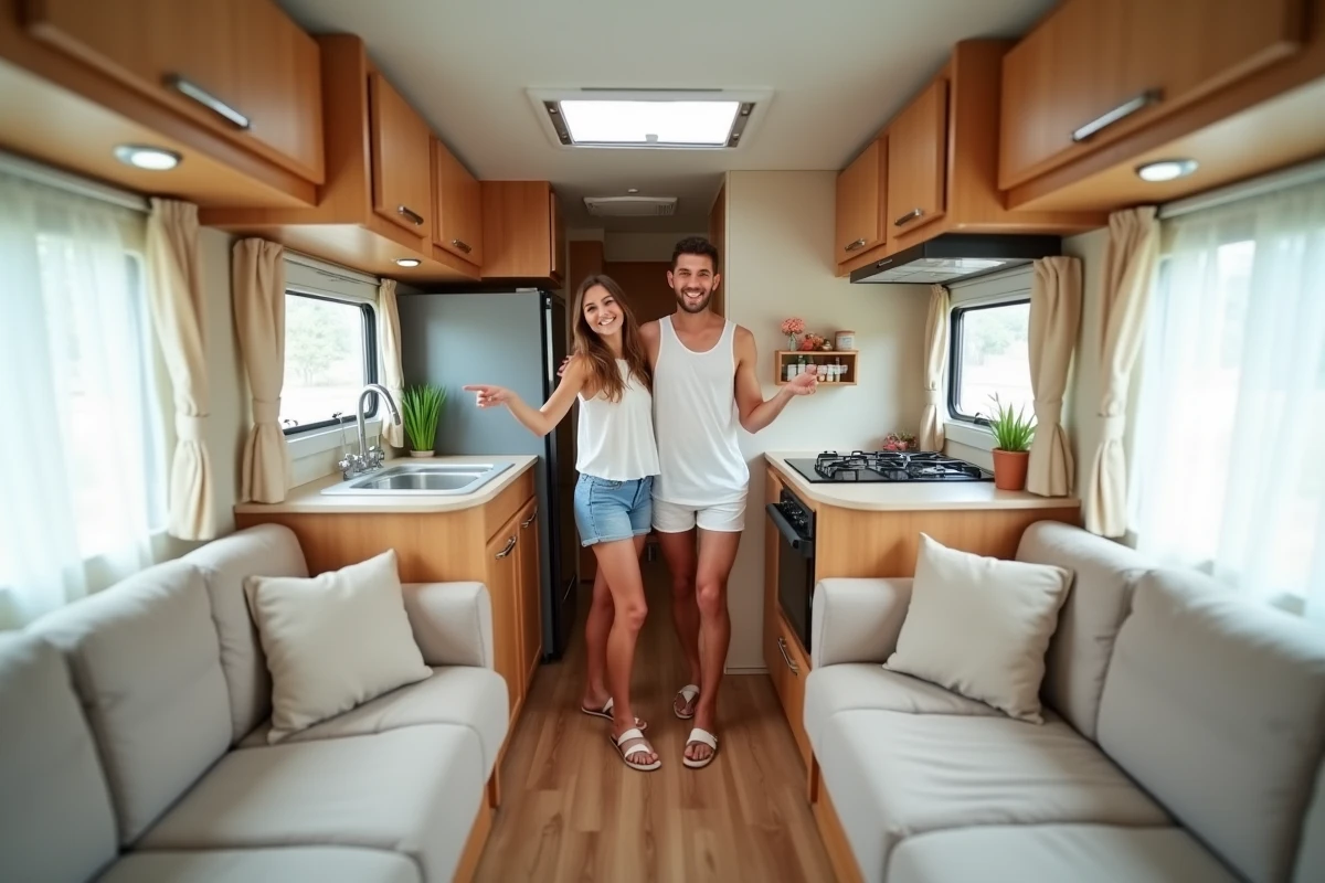 Couple visitant l'intérieur aménagé d'un mobil home en location saisonnière sous statut LMNP dans un camping