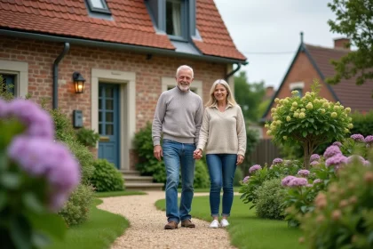Couple souriant dans le jardin d'une maison en brique en France