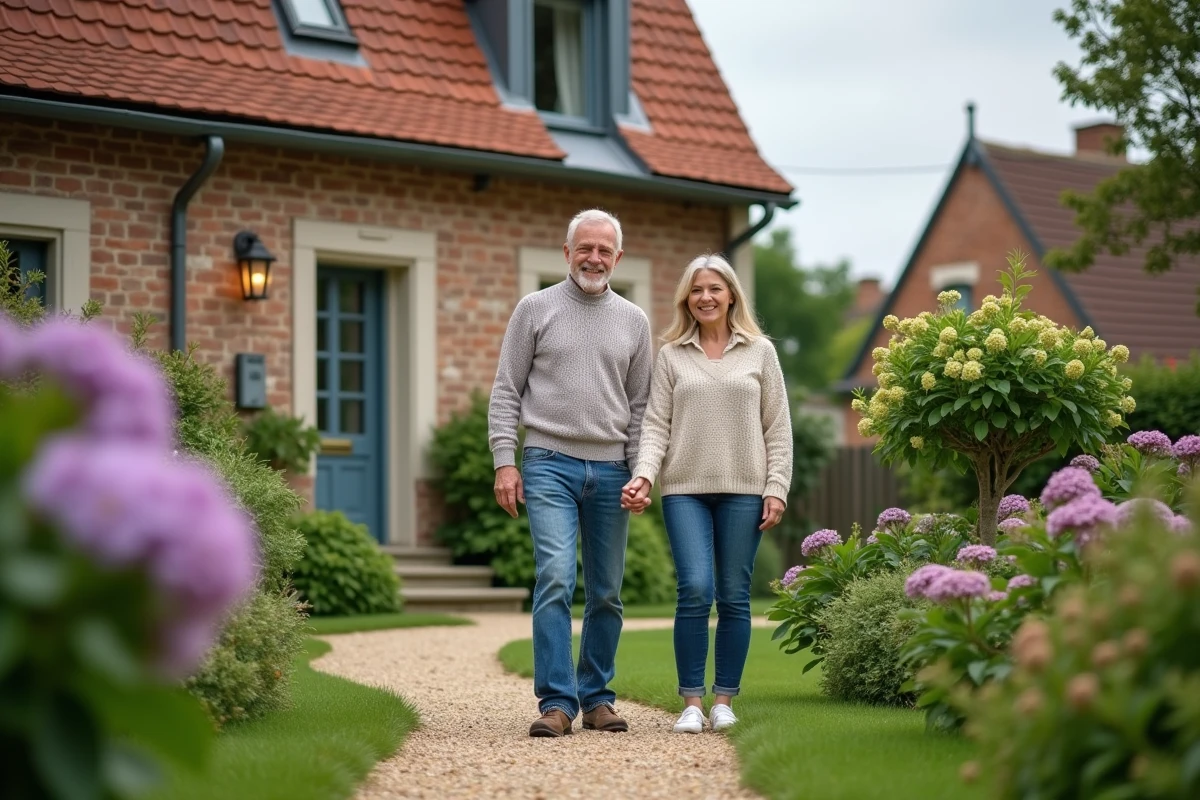 Couple souriant dans le jardin d'une maison en brique en France