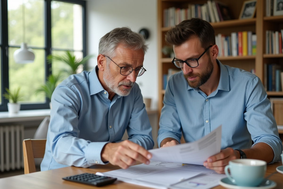 Couple de milieu d'âge étudiant des documents de prêt immobilier