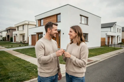 Couple de primo-accédants devant leur maison neuve acquise grâce au PSLA et à la TVA réduite à 5,5 %