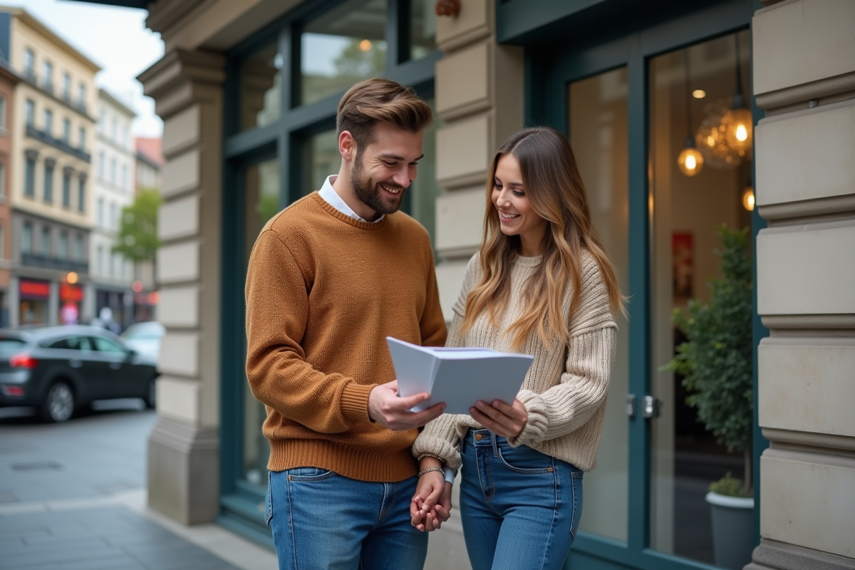 Jeune couple souriant devant une agence bancaire
