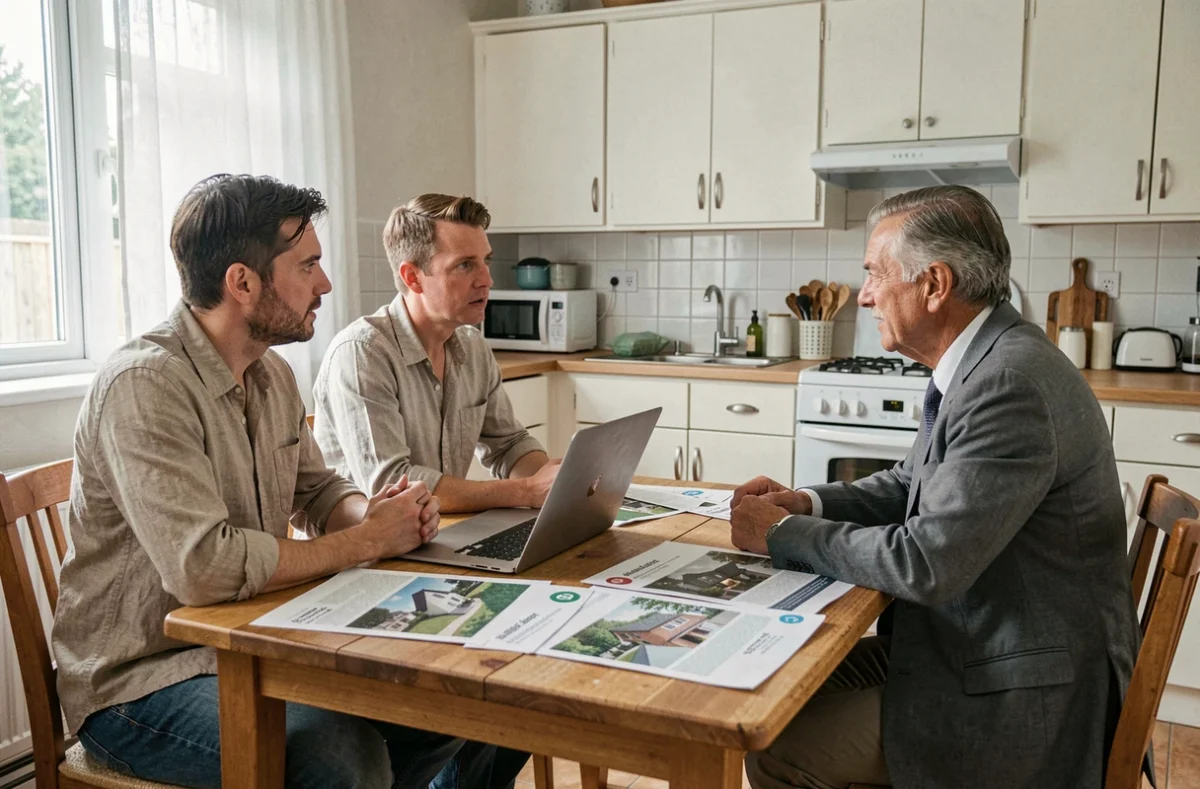 Couple discutant avec un agent immobilier autour de documents de vente dans une cuisine familiale