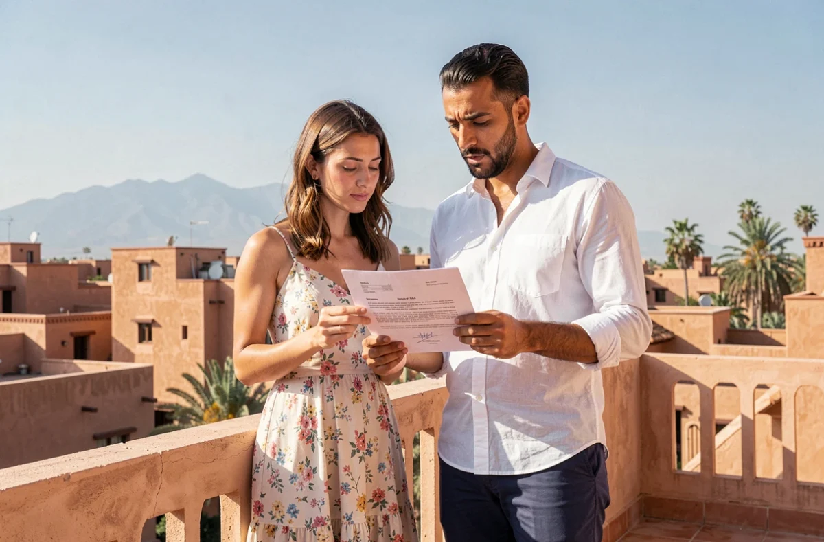Couple en train d'étudier une offre d'achat sur une terrasse d'appartement à Marrakech avec vue sur les toits de la ville