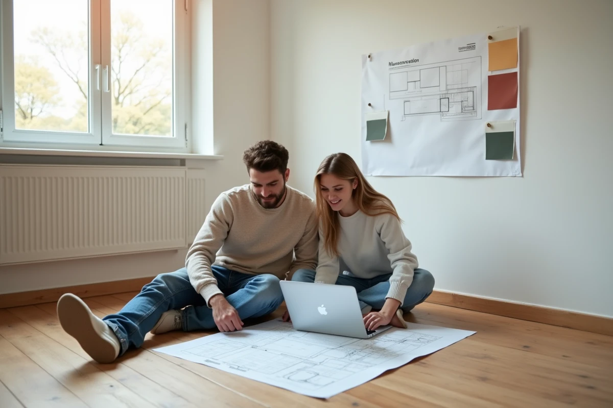 Couple planifiant la rénovation de leur appartement en consultant un guide en ligne et des plans sur le parquet brut