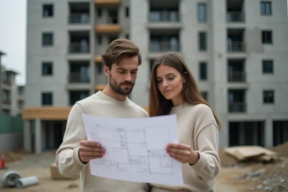 Couple examinant des plans architecturaux devant un immeuble résidentiel en construction dans un quartier urbain