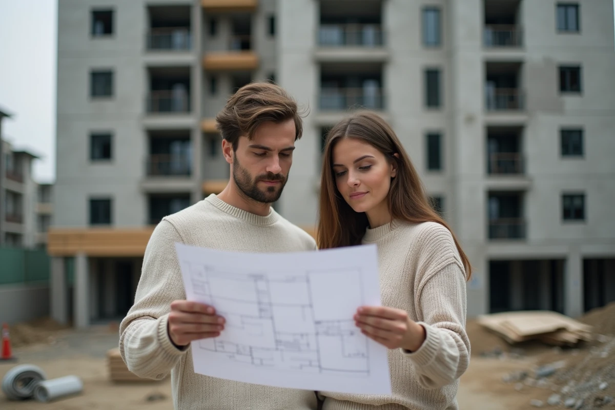 Couple examinant des plans architecturaux devant un immeuble résidentiel en construction dans un quartier urbain