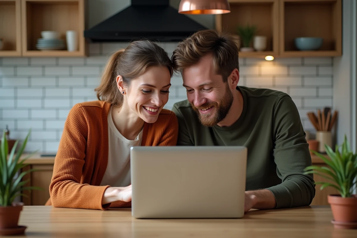 Couple de propriétaires bailleurs consultant le site Aidologement.com ensemble à la table de cuisine