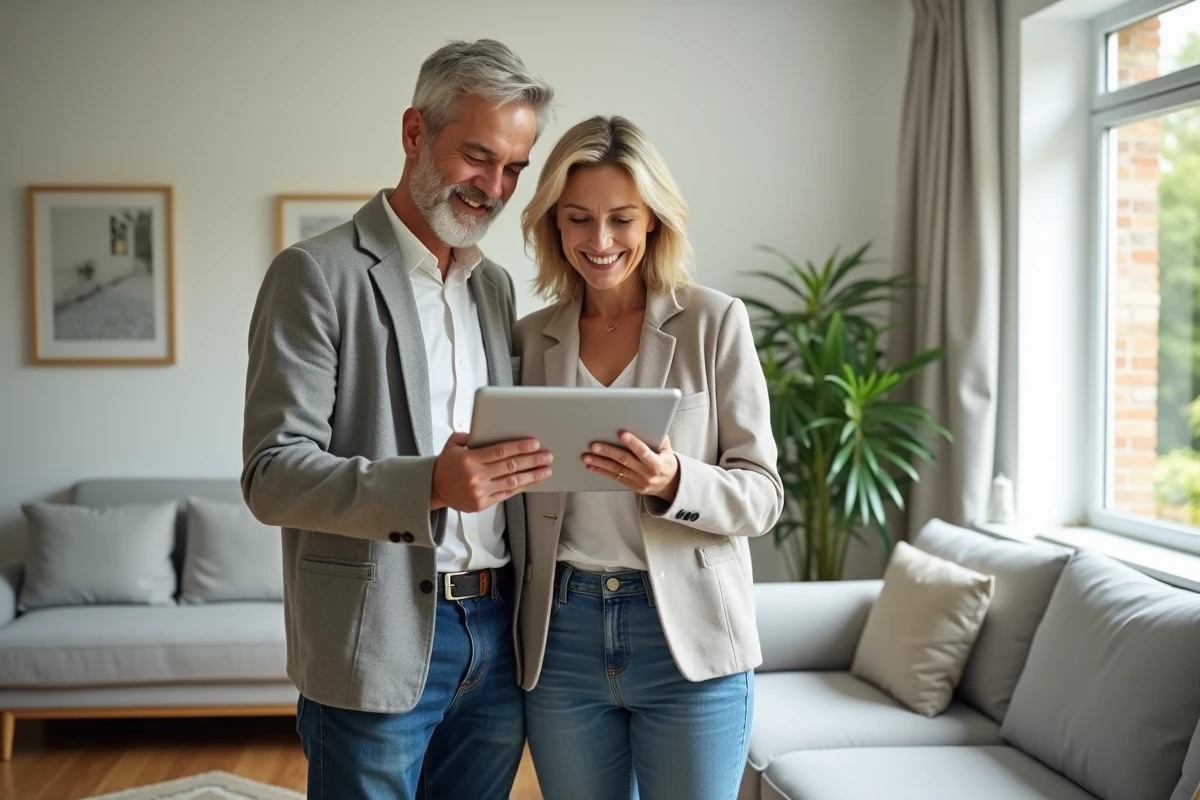 Couple de propriétaires consultant un outil d'estimation immobilière en ligne sur tablette dans leur maison à vendre
