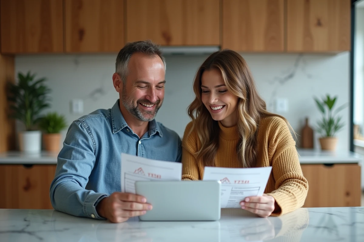 Couple de propriétaires comparant des estimations de prix immobilier sur une tablette avec un logiciel spécialisé