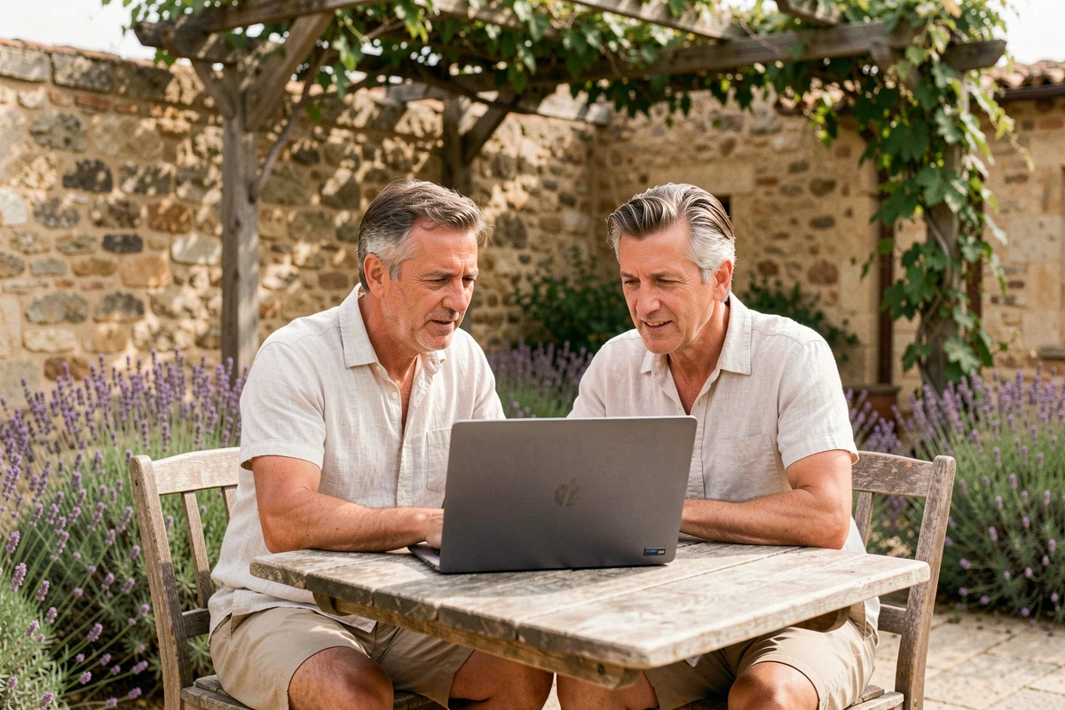 Couple de propriétaires de gîte de France consultant des statistiques de réservation en ligne sur leur terrasse en Provence