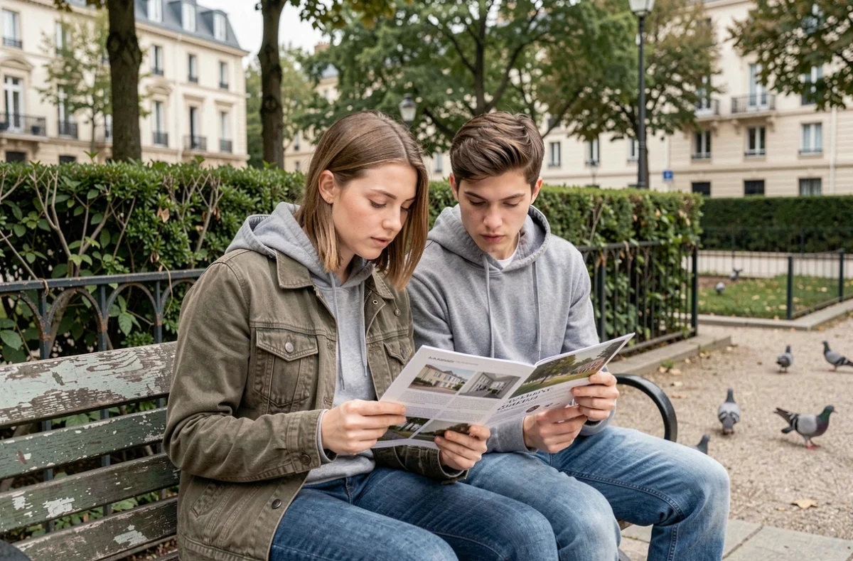 Jeune couple étudiant une brochure immobilière dans un parc de quartier à Besançon pour trouver un logement abordable