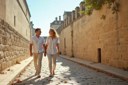 Couple se promenant le long des remparts historiques d'Avignon dans un quartier intra-muros
