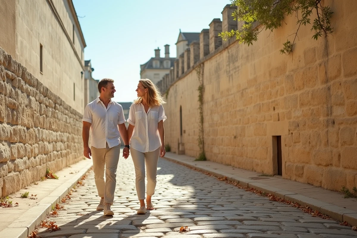 Couple se promenant le long des remparts historiques d'Avignon dans un quartier intra-muros
