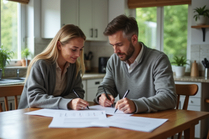Couple d'adultes remplissant des formulaires fiscaux à la maison