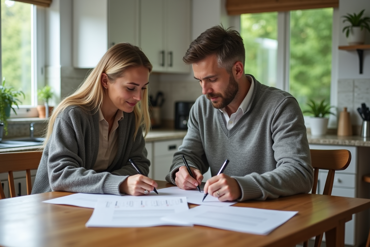 Couple d'adultes remplissant des formulaires fiscaux à la maison