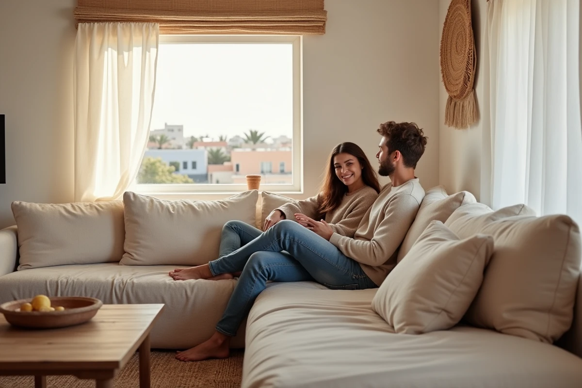 Jeune couple relaxant dans un salon lumineux &agrave; Essaouira