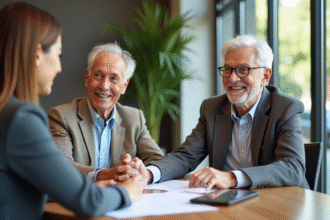 Couple senior souriant avec conseiller bancaire dans une banque moderne