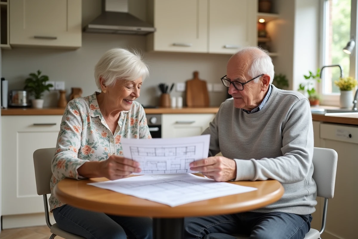 Couple de seniors étudiant un plan de maison plain-pied adaptée dans une cuisine accessible et ergonomique