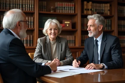 Couple de seniors signant un contrat viager chez un notaire en France, frais de notaire expliqués
