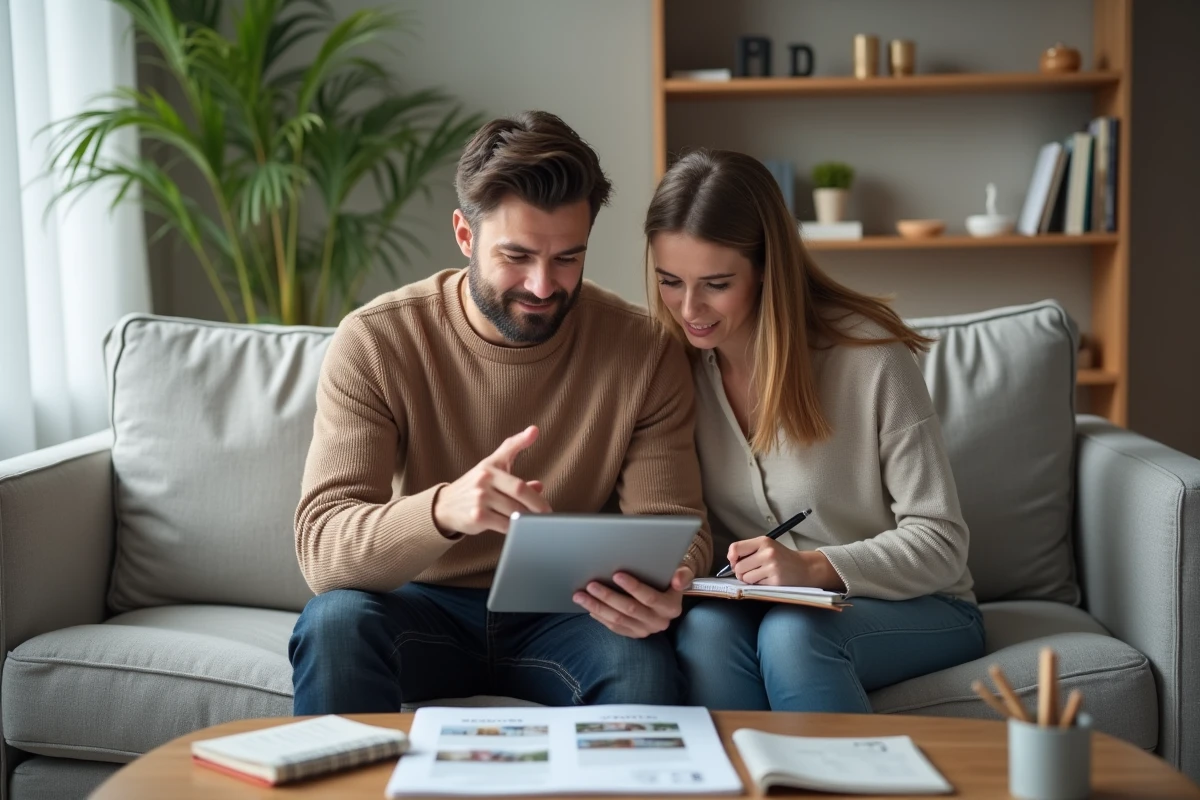 Couple stressé consultant des annonces immobilières sur une tablette entouré de brochures d'appartements