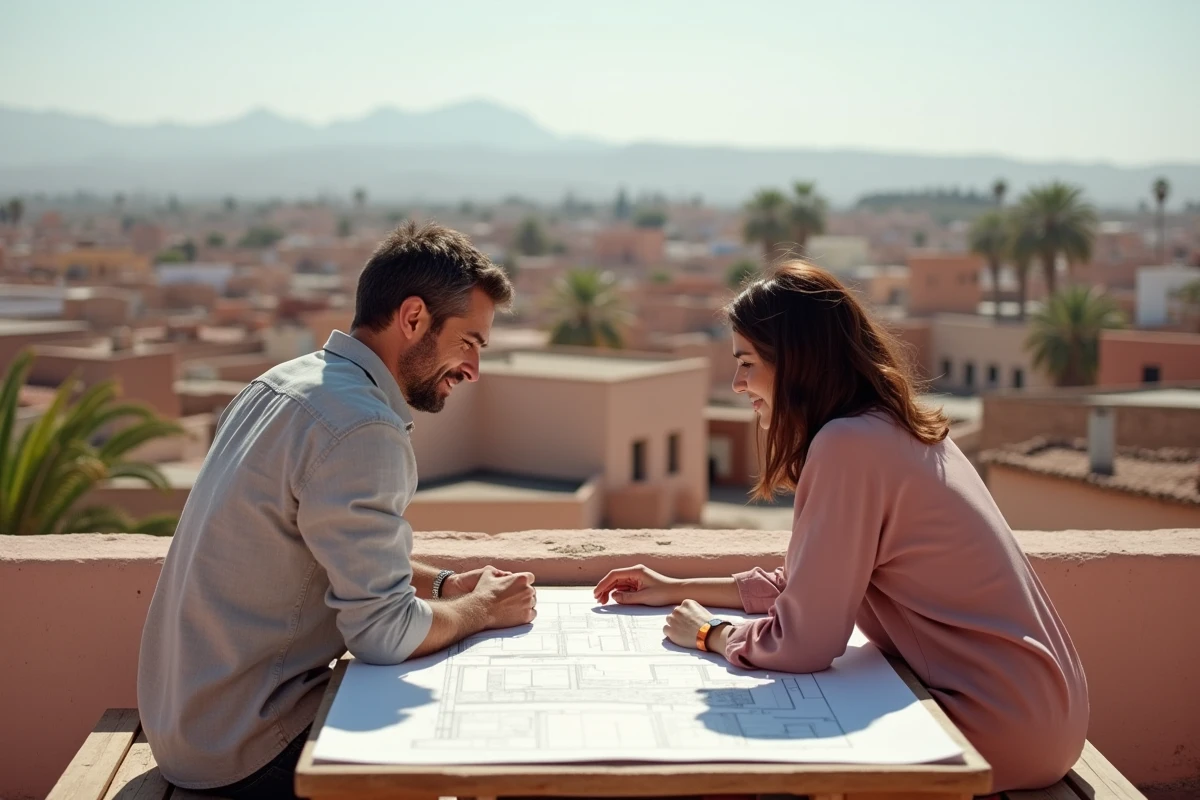 Couple étudiant des plans architecturaux sur une terrasse avec vue panoramique sur la médina de Marrakech