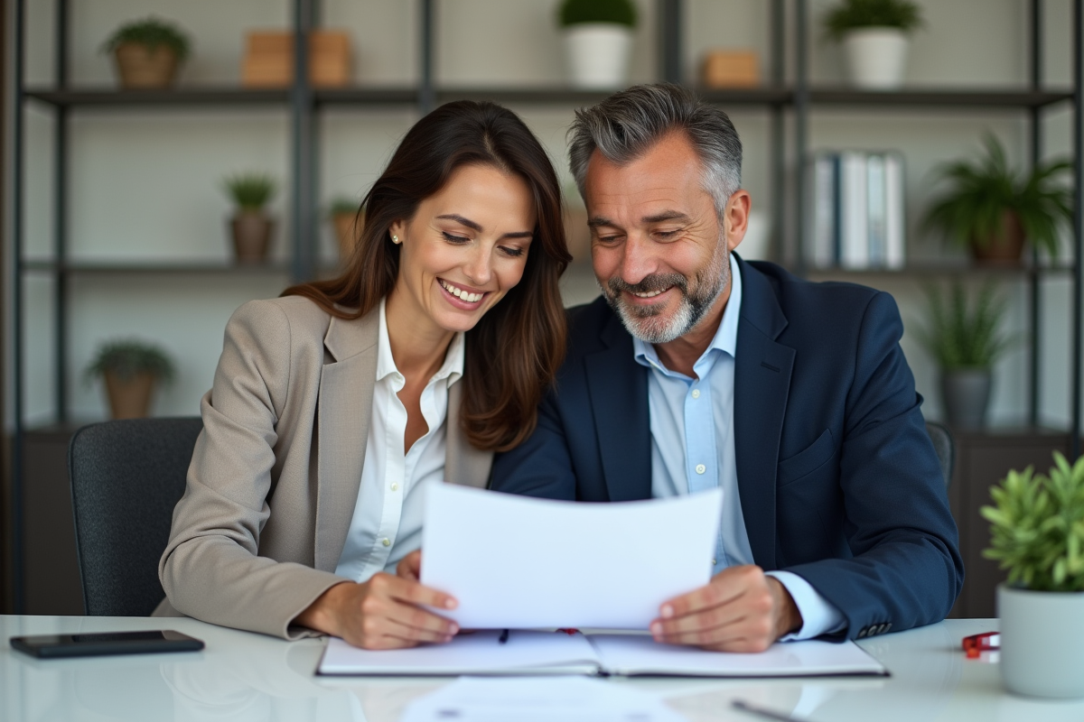 Couple d'adultes en bureau moderne examinant des documents immobiliers