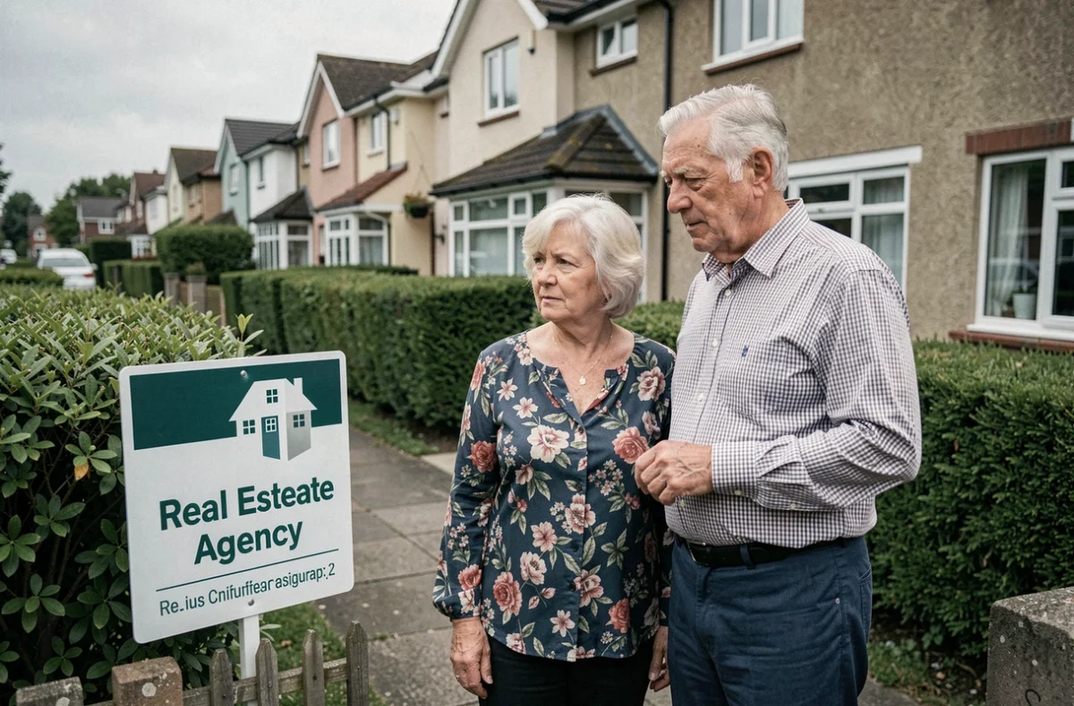 Couple de seniors devant leur maison en viager libre sans bouquet dans une rue pavillonnaire