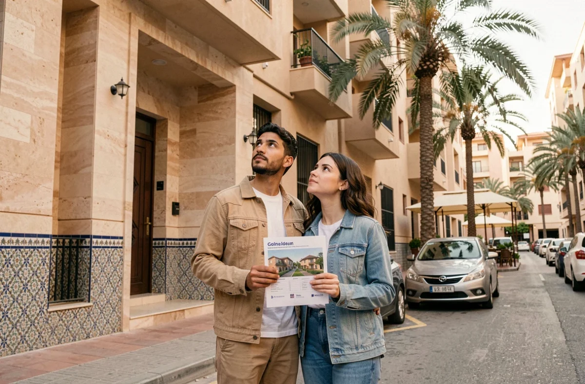 Couple visitant un appartement à vendre pas cher dans le quartier Guéliz de Marrakech avec petit apport