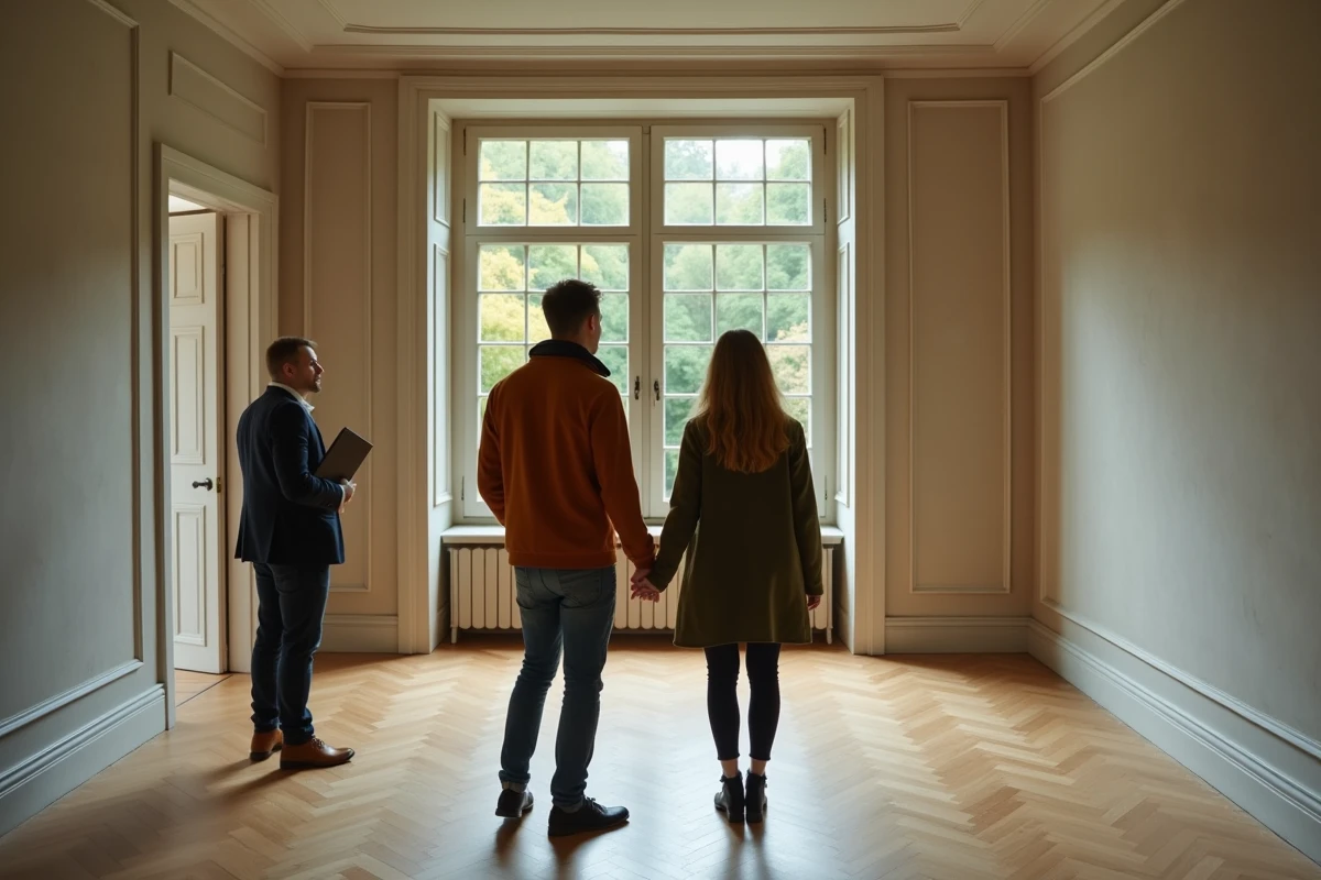 Jeune couple en visite d'une maison vide à louer en Seine-Maritime avec un agent immobilier
