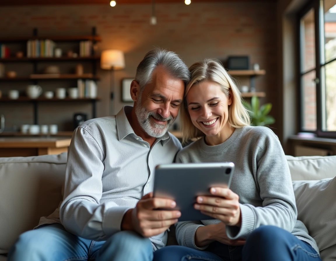 Couple visitant une maison en visite virtuelle 360 sur tablette depuis leur salon