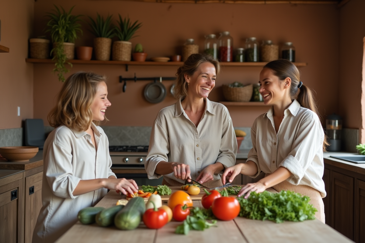 Famille préparant un repas dans une cuisine écologique