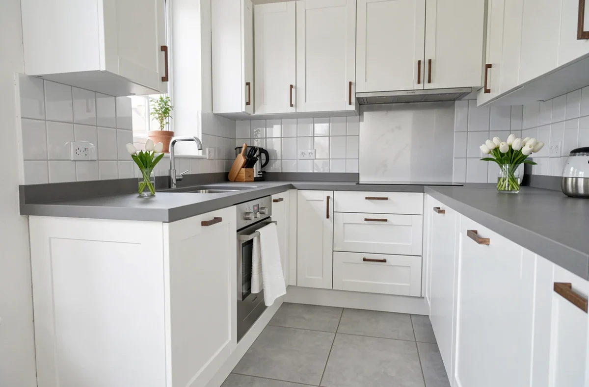 Cuisine moderne et épurée d'une maison à vendre mise en valeur pour les visites immobilières près de Metz