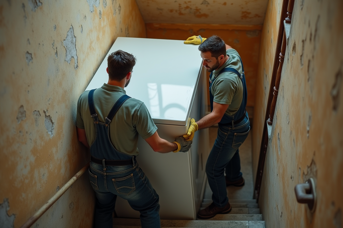 Deux hommes en travaux déplacent un grand frigo dans un escalier ancien