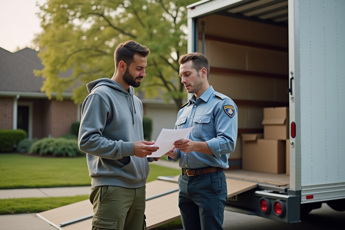 Jeune homme discutant avec un agent d