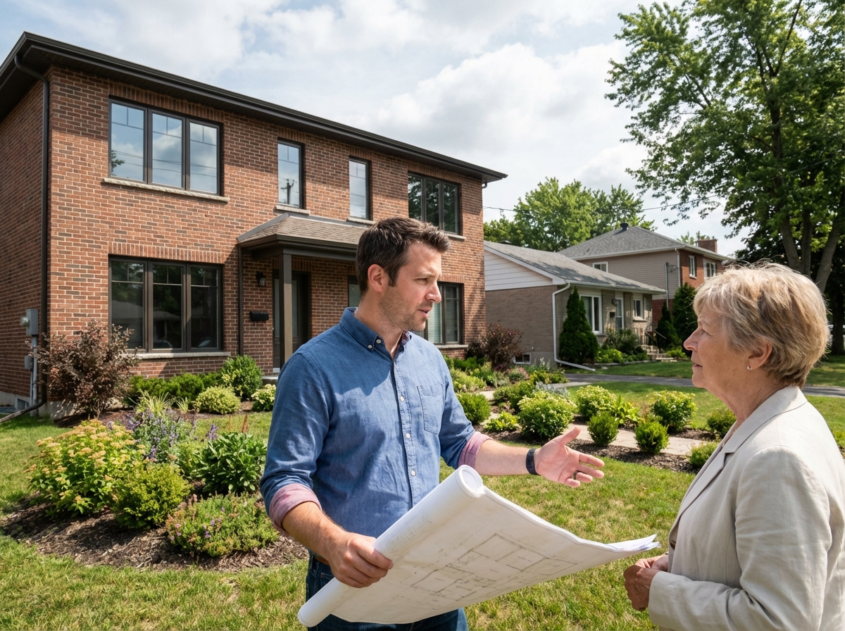Architecte et cliente discutant devant une maison neuve